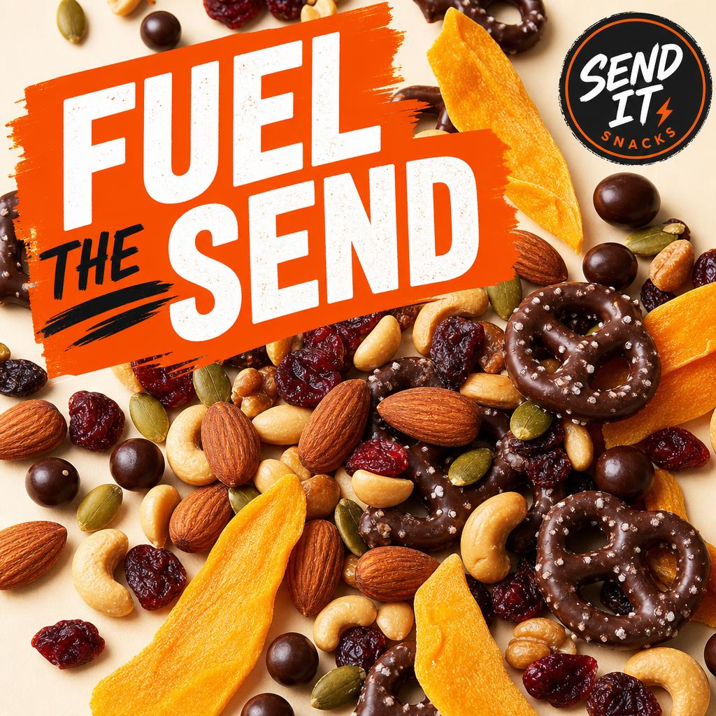 Send It Snacks branded Instagram post reading Fuel the Send over a trail mix flat lay