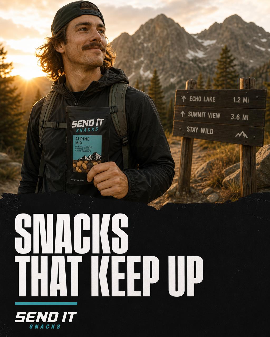 Vertical Send It Snacks campaign post reading Snacks that keep up