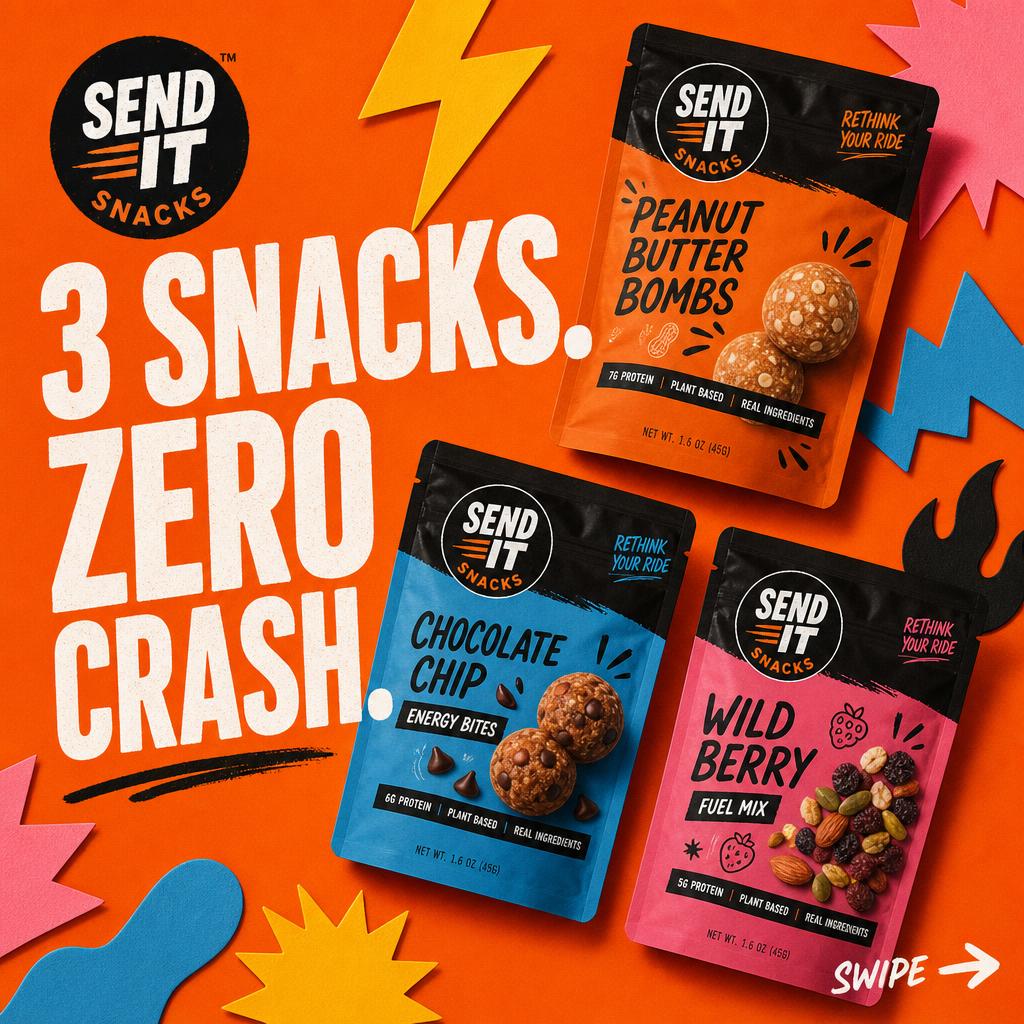 Send It Snacks carousel cover reading 3 snacks zero crash